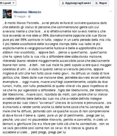 Post di facebook sulla morte di Marco Pannella